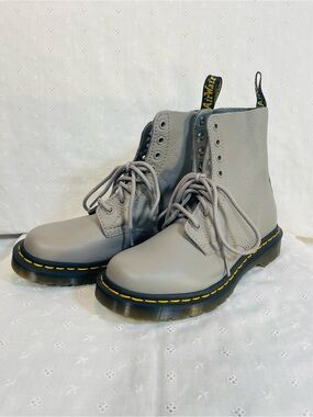 Dr. Martens Gray Smooth Leather Lace-Up Boots with Yellow Stitching